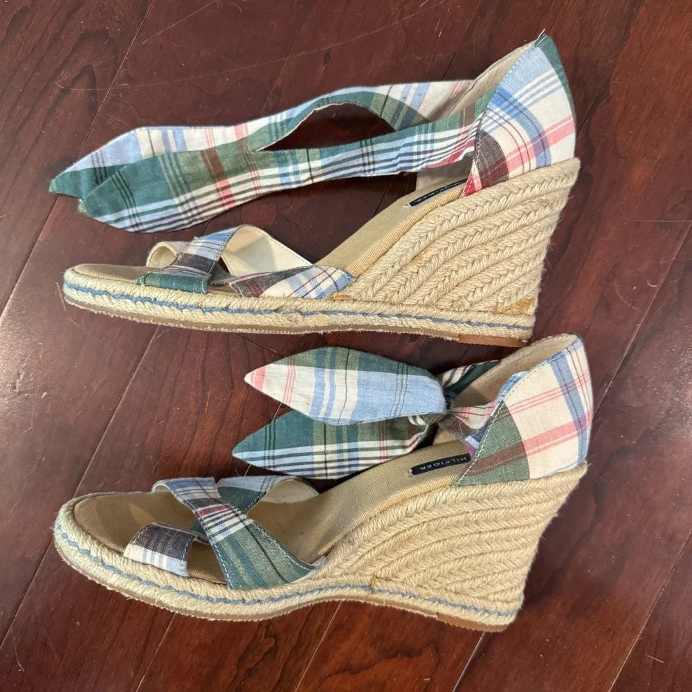 Tommy Hilfiger Plaid Espadrille Wedge Sandals Fabric Ankle Tie 3.5